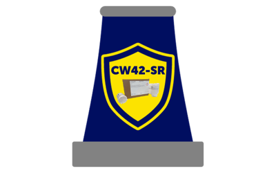 Illustration showing CW42-SR yellow metal corrosion inhibitor supplement set against a cooling tower